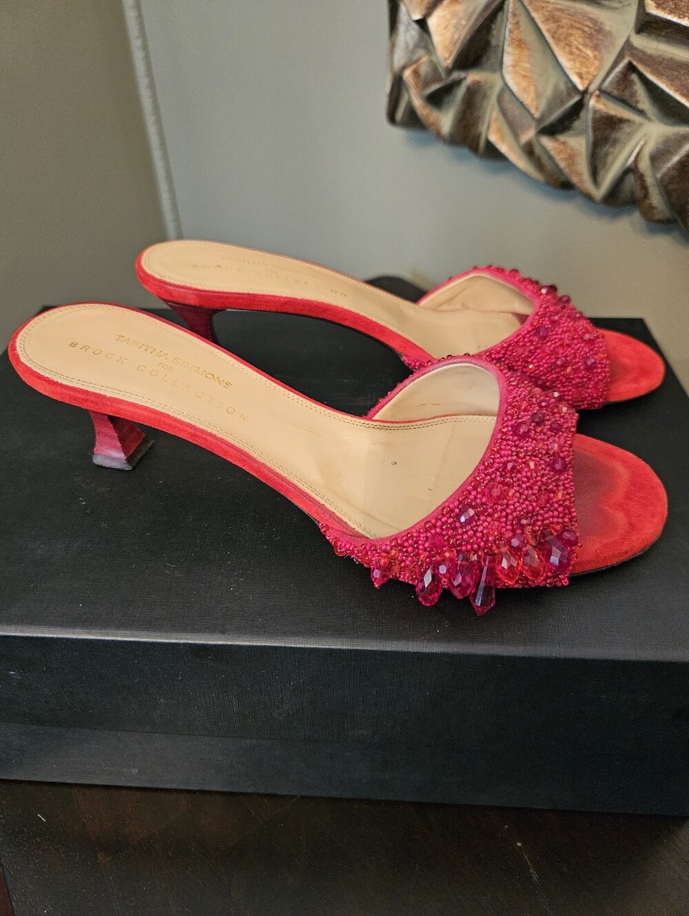 Very Rare Tabitha Simmons For Brock Collection Beaded  Red Mules Heels 36.5